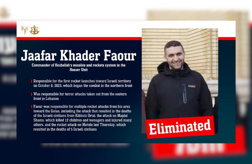 IDF eliminates Hezbollah commander Jaafar Khader Faour, responsible for first rockets on Oct. 8